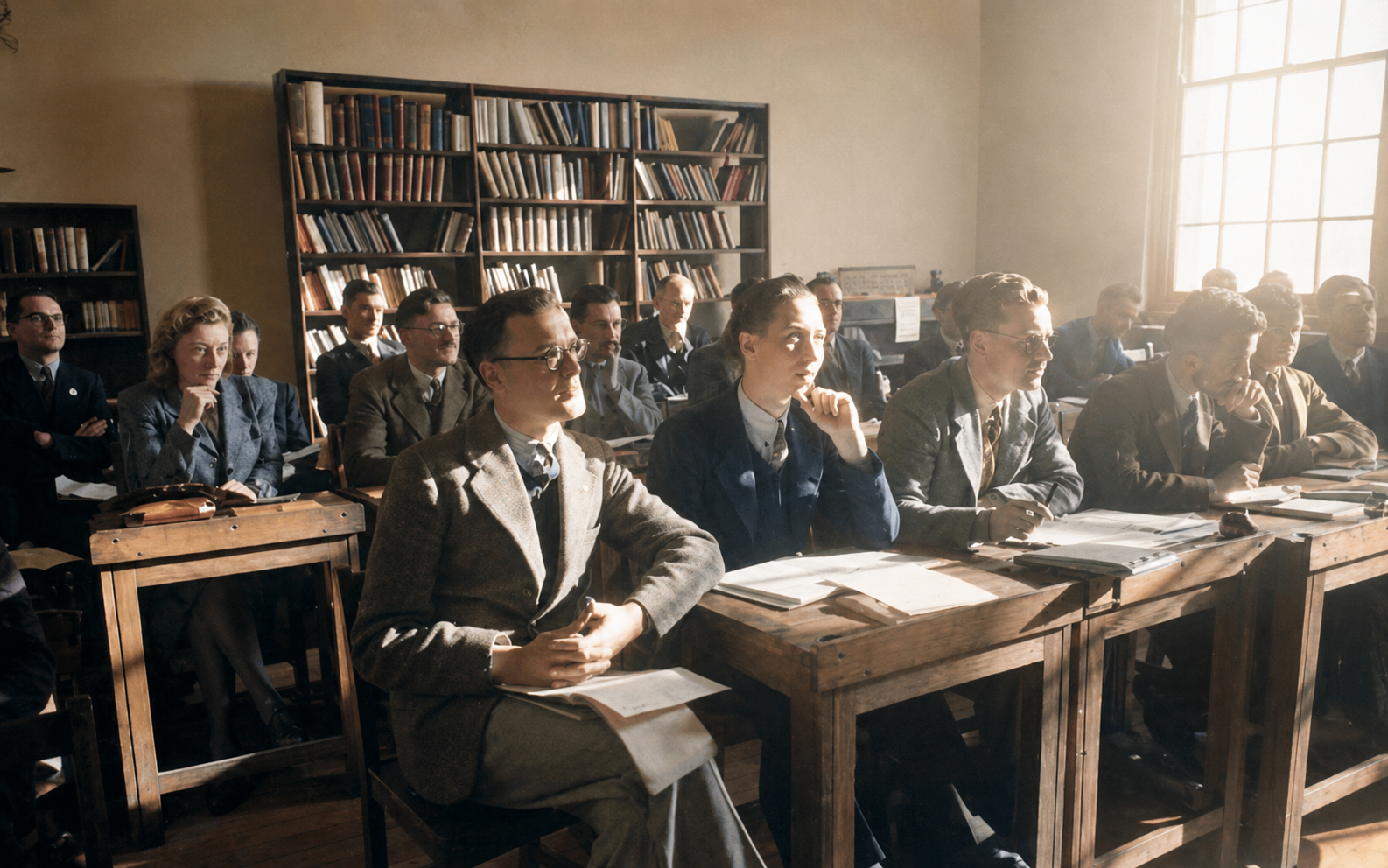 Prospective teachers attending a formal training lecture in an English college classroom