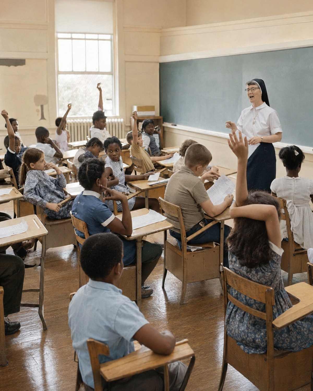 A teacher inviting answers from pupils in a classroom