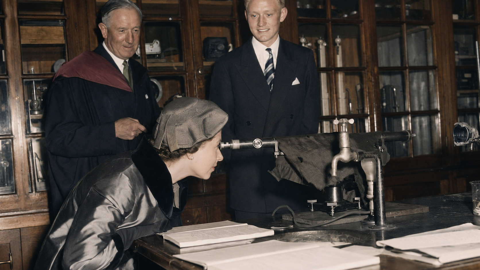 Queen Elizabeth II examining scientific equipment during a visit to St Paul's School in London