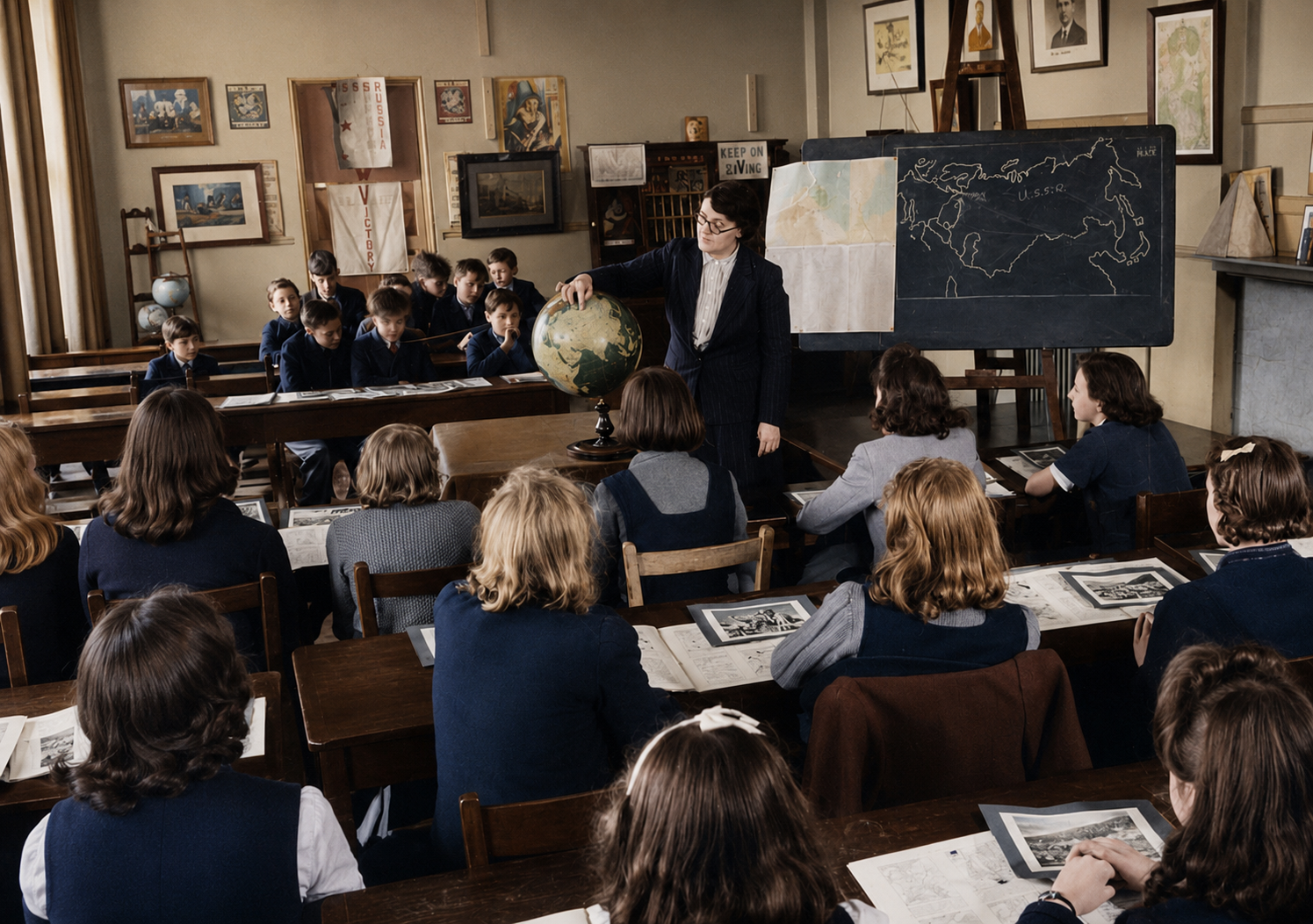 A teacher reading to pupils in a historic wooden classroom