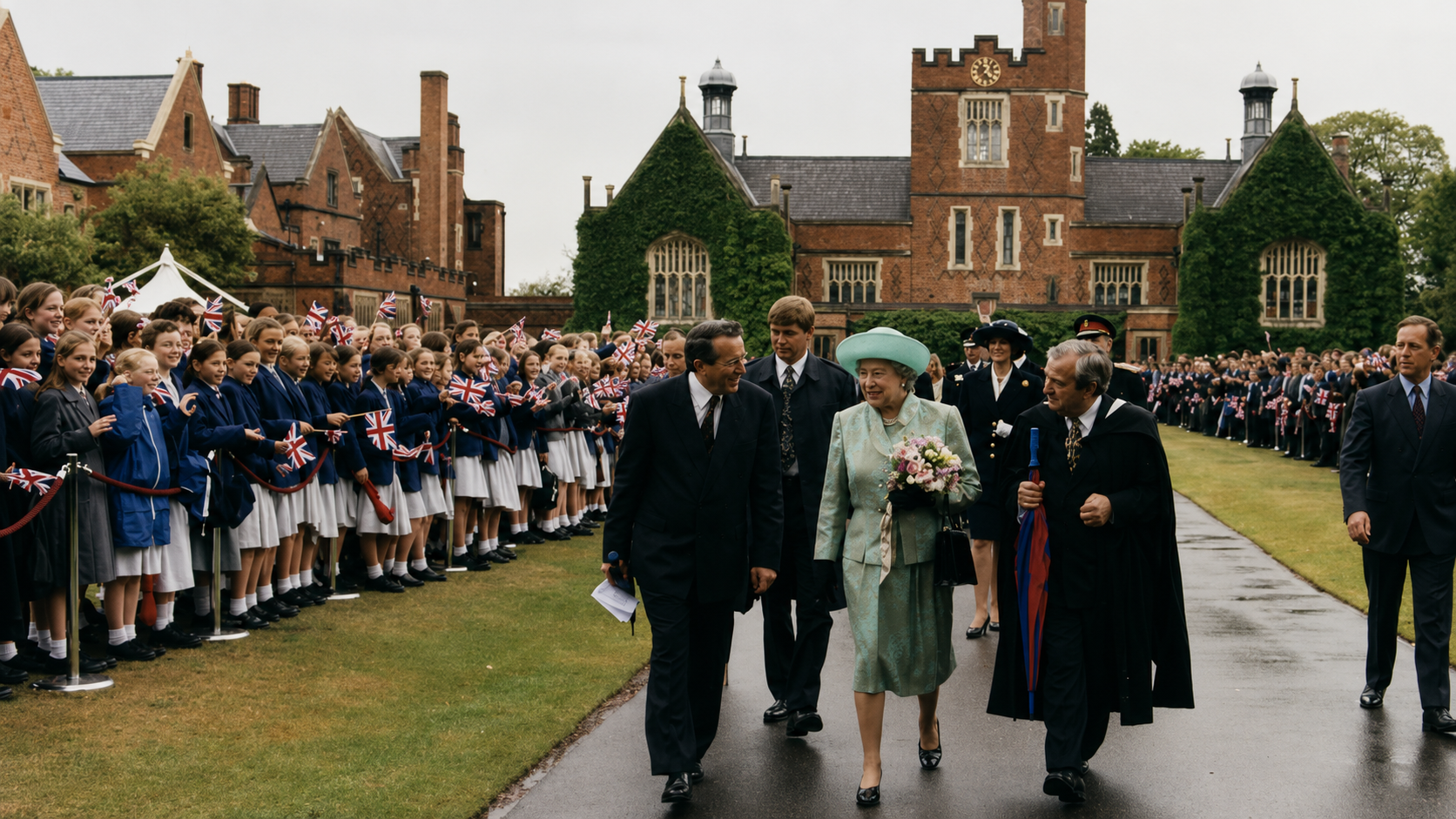 Queen Elizabeth II walking with school officials during a visit to Loughborough Grammar School